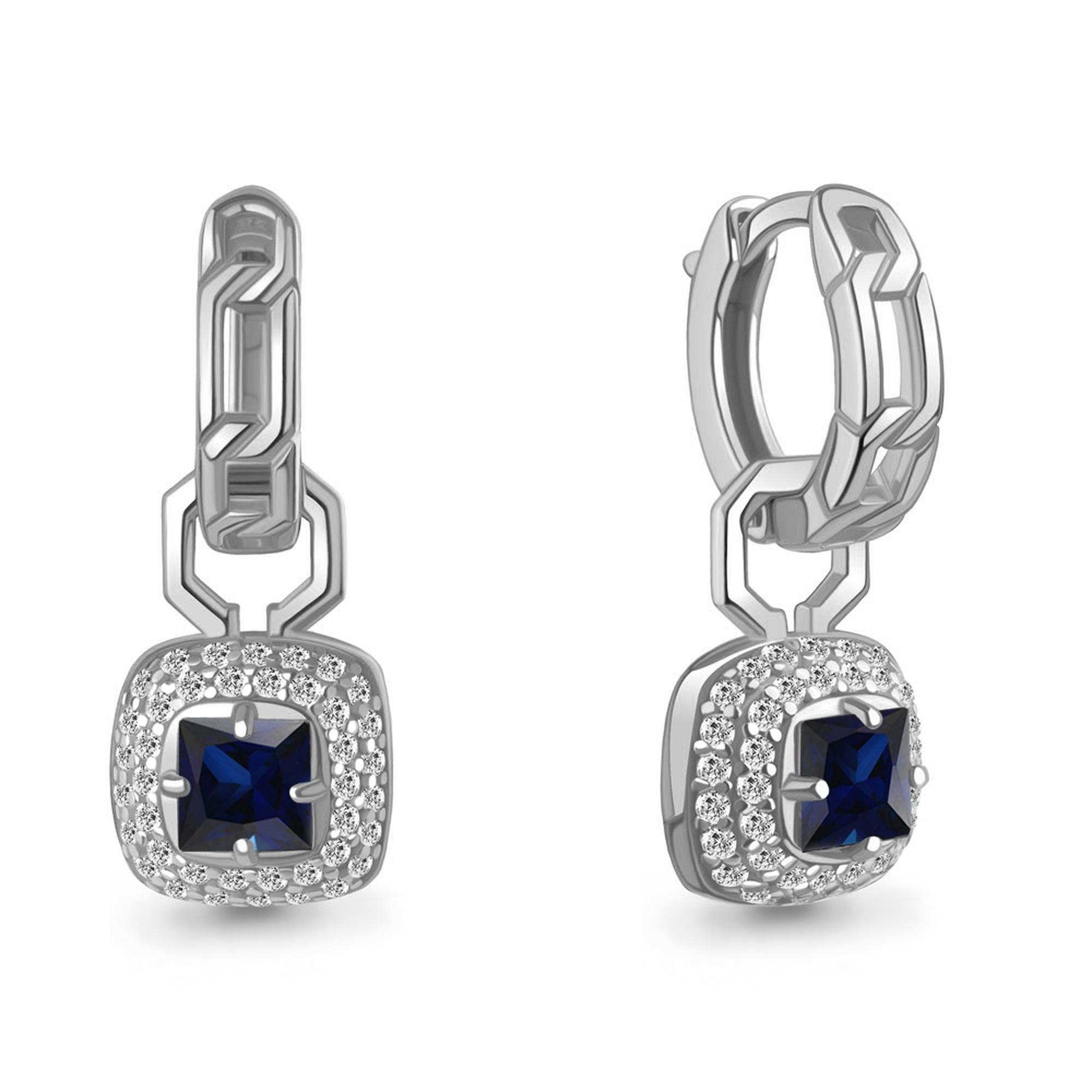 Серебряные серьги-трансформеры AQUAMARINE с гидротермальным сапфиром и фианитом