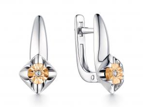 Серебряные серьги АЛЬКОР с золотой накладкой и бриллиантом 02-1452/000Б-00 фото