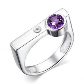 Серебряное кольцо АЛЬКОР с аметистом и бриллиантом 01-4033/БРАМ-00 фото