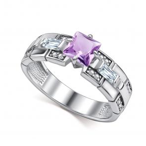 Серебряное кольцо АЛЬКОР с фианитом и аметистом 01-4848/00АМ-00 фото