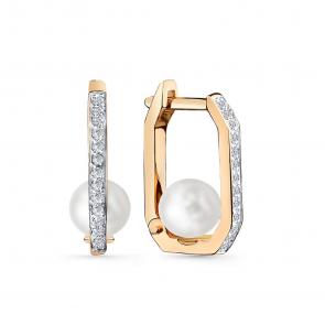 Золотые серьги Мастер Бриллиант с фианитом и жемчугом 01M02-3-491-0501-011 фото