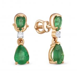 Золотые серьги Бриллианты Костромы с бриллиантом и изумрудом 01БК10-4894/1 фото