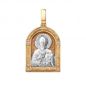 Золотая подвеска-иконка Святитель Николай Чудотворец ТД Эстет с фианитом 01П160485 фото