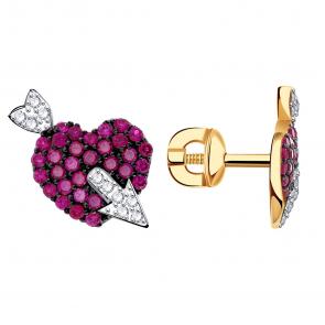 Золотые серьги ТД Эстет с фианитом и рубиновым корундом 01С2114478ЧР-1 фото