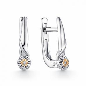 Серебряные серьги АЛЬКОР с золотой накладкой и бриллиантом 02-1453/000Б-00 фото