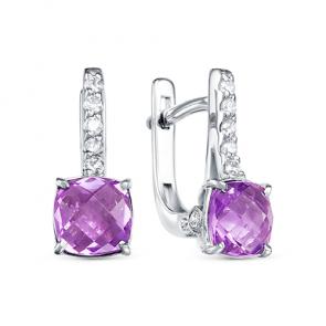 Серебряные серьги АЛЬКОР с фианитом и аметистом 02-1575/00АМ-00 фото