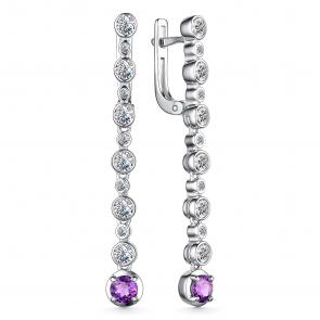 Серебряные серьги АЛЬКОР с фианитом и аметистом 02-3498/00АМ-00 фото