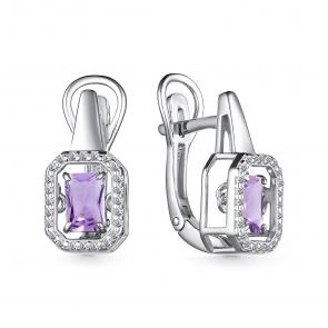 Серебряные серьги АЛЬКОР с фианитом и аметистом 02-3973/00АМ-00 фото