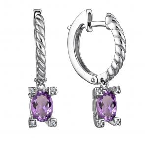 Серебряные серьги АЛЬКОР с фианитом и аметистом 02-4004/00АМ-00 фото