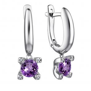 Серебряные серьги АЛЬКОР с фианитом и аметистом 02-4005/00АМ-00 фото