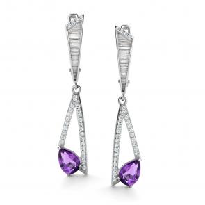 Серебряные серьги АЛЬКОР с фианитом и аметистом 02-4291/00АМ-00 фото