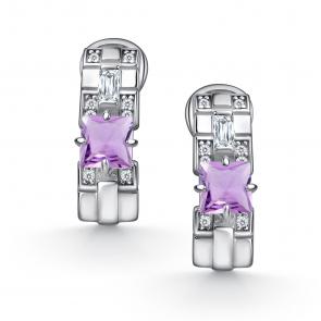 Серебряные серьги АЛЬКОР с фианитом и аметистом 02-4848/00АМ-00 фото