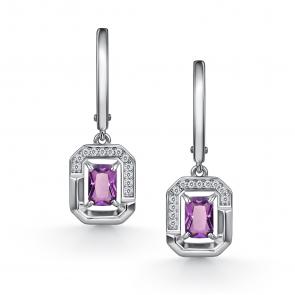 Серебряные серьги АЛЬКОР с фианитом и аметистом 02-4854/00АМ-00 фото