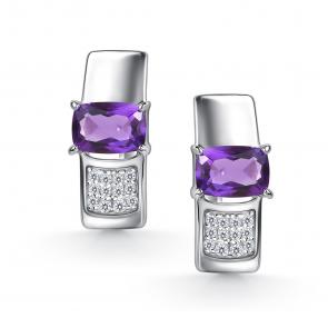 Серебряные серьги АЛЬКОР с фианитом и аметистом 02-5387/00АМ-00 фото