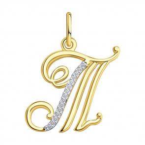 Подвеска-буква Т из лимонного золота SOKOLOV с фианитом 034541-2 фото