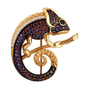 Золотая брошь SOKOLOV с фианитом и рубиновым корундом 040298 фото