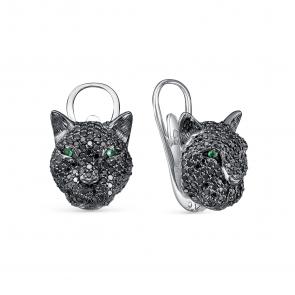 Серьги из белого золота Бриллианты Костромы с изумрудом и чёрным бриллиантом 05БК02-0350/7 фото