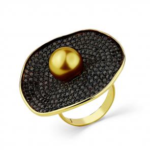 Кольцо из лимонного золота Мастер Бриллиант с жемчугом и чёрным бриллиантом 06M1-308536-00-55 фото