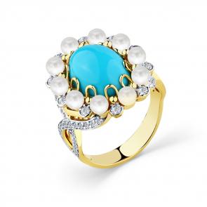 Кольцо из лимонного золота Мастер Бриллиант с бриллиантом, жемчугом и бирюзой 06M1-308768-00-55 фото