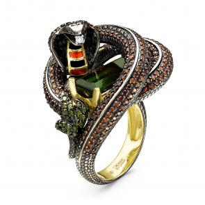 Кольцо из лимонного золота Символ года Змея Бриллианты Костромы с хризопразом, бриллиантом и эмалью 06БК01-2481 фото