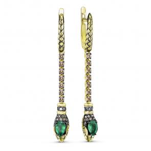 Серьги из лимонного золота Символ года Змея Бриллианты Костромы с изумрудом и бриллиантом 06БК02-4727/1 фото
