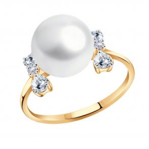 Золотое кольцо ТД Голденэра с фианитом и жемчугом 10-02-00126W фото