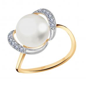 Золотое кольцо Жемчужное подворье с фианитом и жемчугом 15510151.0.b. фото