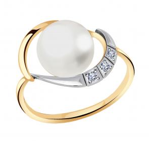 Золотое кольцо Жемчужное подворье с фианитом и жемчугом 15510802.0.b. фото