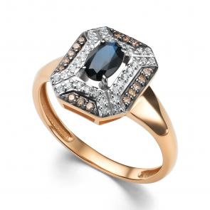 Золотое кольцо АЛЬКОР с бриллиантом, сапфиром и коньячным бриллиантом 15831-170 фото