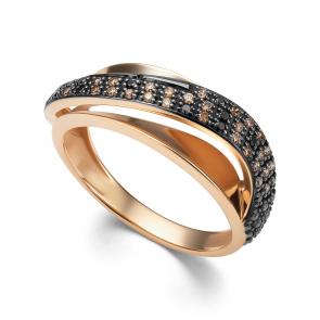 Золотое кольцо АЛЬКОР с чёрным бриллиантом и коньячным бриллиантом 16083-164 фото