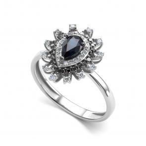 Кольцо из белого золота АЛЬКОР с бриллиантом, сапфиром и чёрным бриллиантом 16129-202 фото