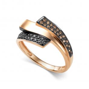 Золотое кольцо АЛЬКОР с чёрным бриллиантом и коньячным бриллиантом 16800-164 фото