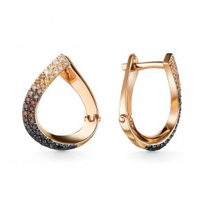 Золотые серьги АЛЬКОР с бриллиантом, чёрным бриллиантом и коньячным бриллиантом 24293-118 фото