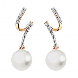 Золотые серьги Жемчужное подворье с фианитом и жемчугом 25510176.3.b.000 фото