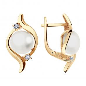 Золотые серьги Жемчужное подворье с фианитом и жемчугом 25510842.0.b.000 фото