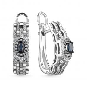 Серьги из белого золота АЛЬКОР с бриллиантом и сапфиром 25528-202 фото