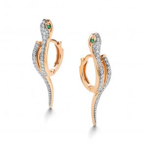 Золотые серьги  Символ года Змея АЛЬКОР с бриллиантом и изумрудом 26009-101 фото
