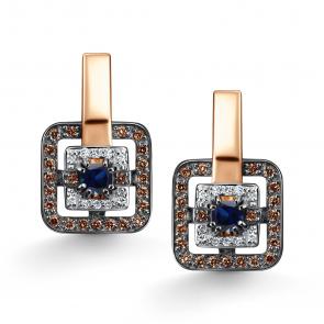 Золотые серьги АЛЬКОР с бриллиантом, сапфиром и коньячным бриллиантом 26697-170 фото