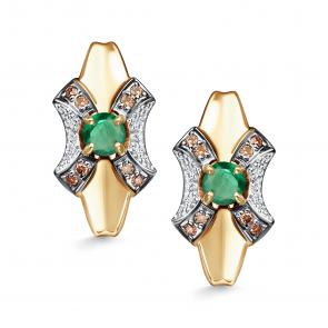 Золотые серьги АЛЬКОР с бриллиантом, изумрудом и коньячным бриллиантом 26698-365 фото