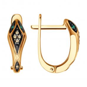 Золотые серьги  Символ года Змея SOKOLOV с изумрудом и коньячным брилллиантом 3020626 фото