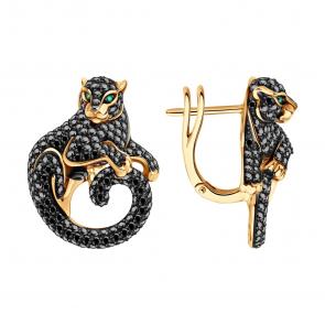 Золотые серьги SOKOLOV с изумрудом и чёрным бриллиантом 3020669 фото