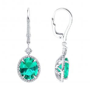 Серьги из белого золота SOKOLOV с гидротермальным изумрудом и бриллиантом выращенным 3020695-3-5 фото