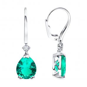 Серьги из белого золота SOKOLOV с гидротермальным изумрудом и бриллиантом выращенным 3020701-3-5 фото