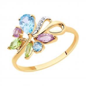 Золотое кольцо Diamant с топазом, фианитом, аметистом и хризолитом 51-310-00350-1 фото