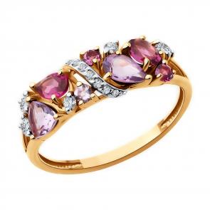 Золотое кольцо Diamant с фианитом, аметистом и родолитом 51-310-02168-2 фото