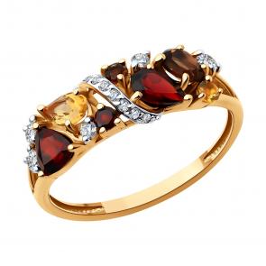 Золотое кольцо Diamant с фианитом, гранатом и раухтопазом 51-310-02168-3 фото