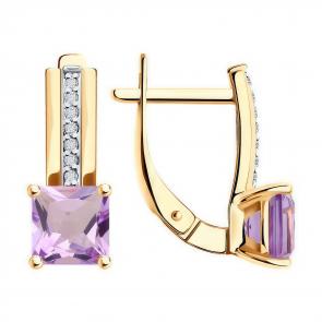 Золотые серьги Diamant с фианитом и аметистом 51-320-01729-2 фото