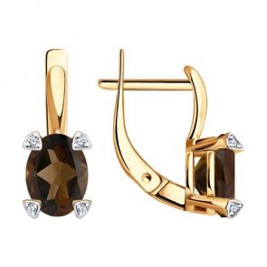 Золотые серьги Diamant с фианитом и раухтопазом 51-320-01968-5 фото