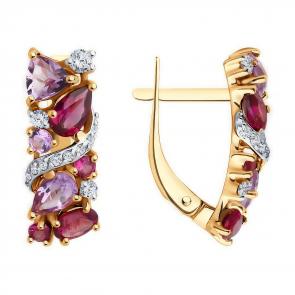 Золотые серьги Diamant с фианитом, аметистом и родолитом 51-320-02168-2 фото