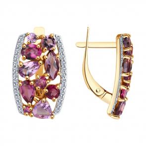 Золотые серьги Diamant с фианитом, аметистом и родолитом 51-320-02172-3 фото